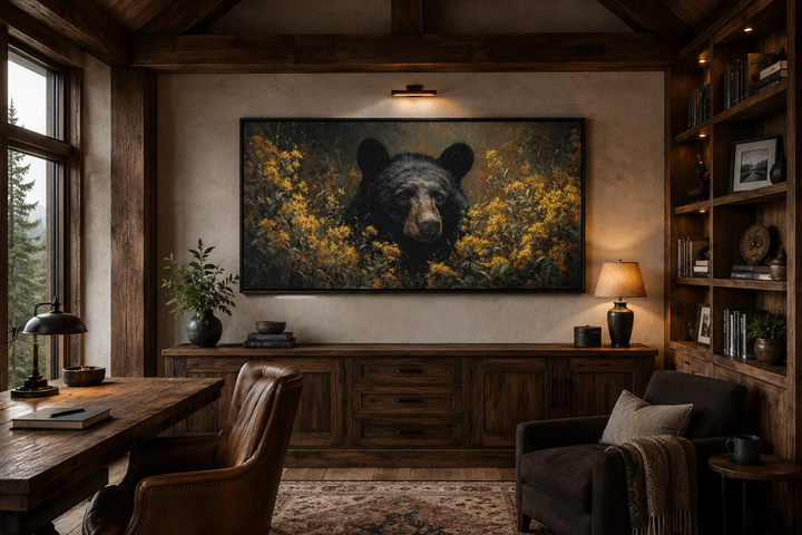 Black bear in yellow wildflowers canvas wall art hanging in a rustic cabin office.