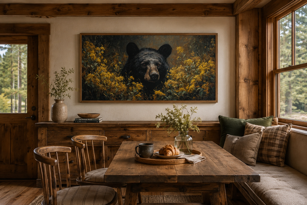 Black bear canvas wall art in a rustic cabin dining room above a wooden sideboard and table.