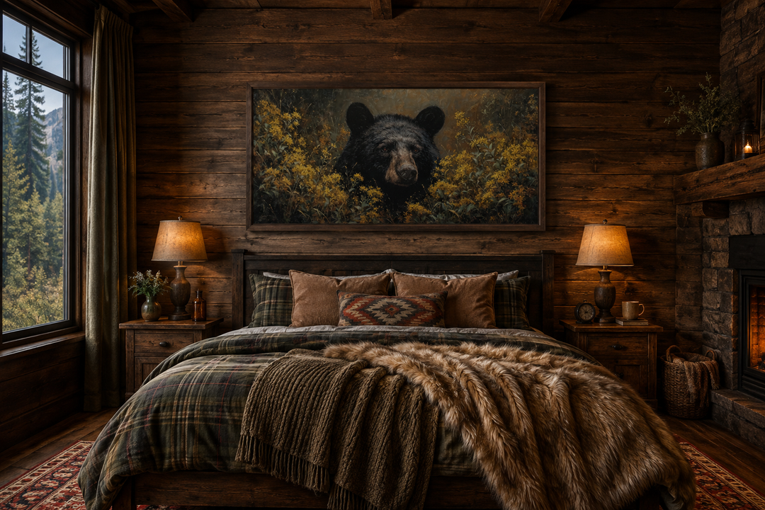 Black bear in yellow wildflowers canvas wall art hanging above a bed in a rustic cabin bedroom.