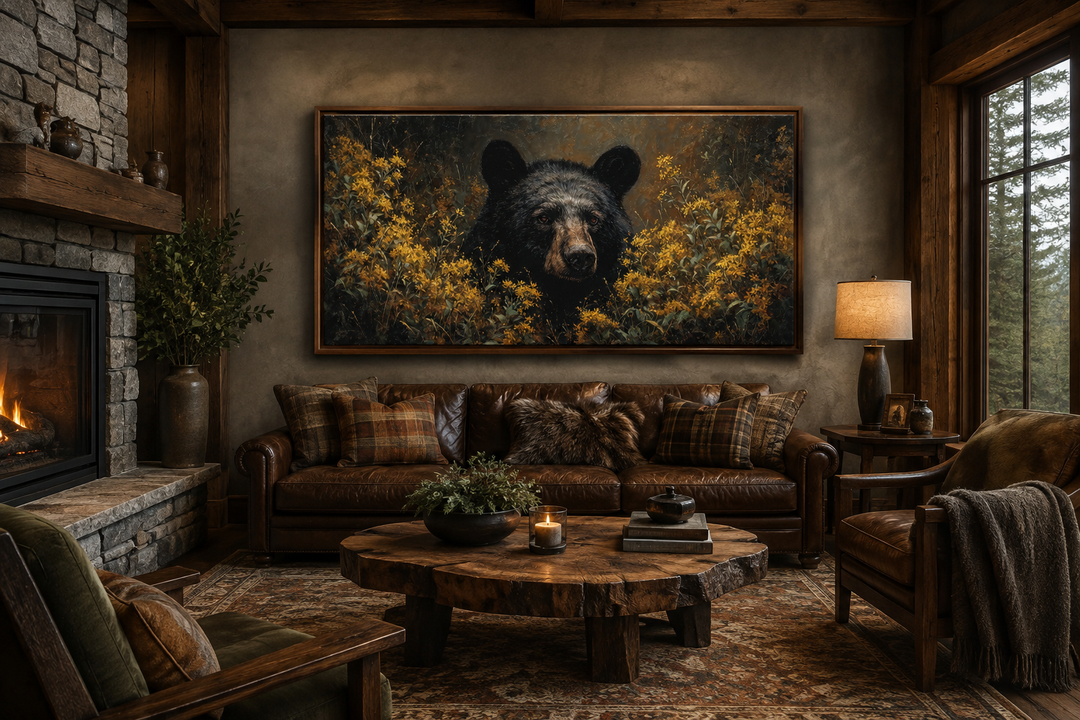 Black bear in yellow wildflowers canvas wall art hanging above a leather sofa in a rustic cabin.