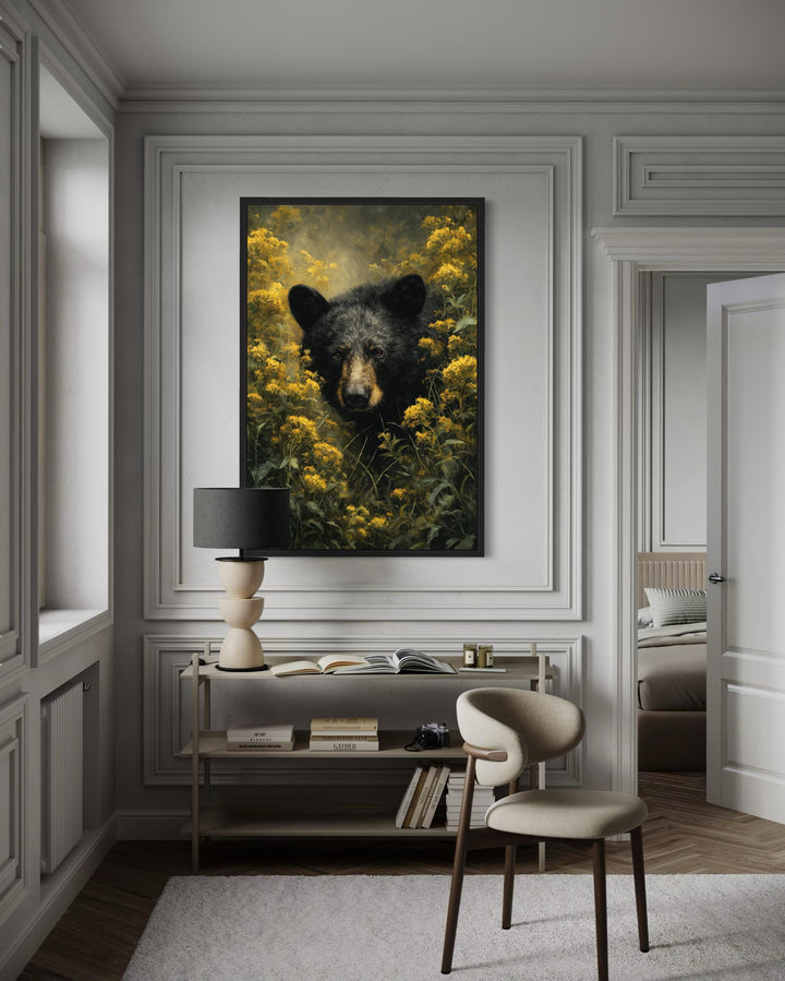 Black Bear in Yellow Wildflowers Canvas Wall Art