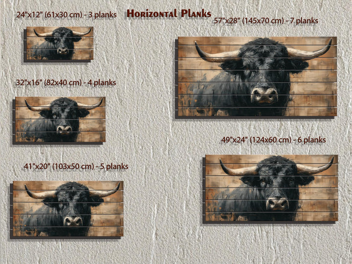 Five sizes of rustic black bull portrait art printed on horizontal wooden planks.