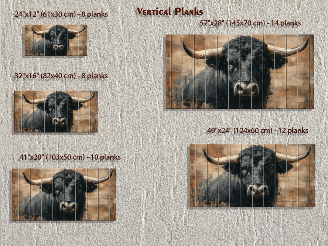 This rustic black bull portrait is available in five sizes on horizontal wooden planks.