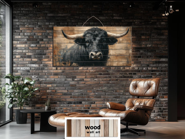 Large horizontal wood wall art featuring a realistic black bull portrait on rustic wooden planks.