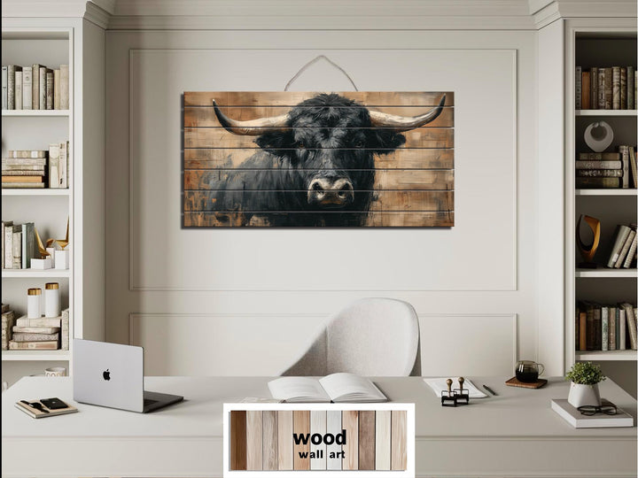 Large horizontal wood wall art featuring a rustic black bull portrait on natural planks.