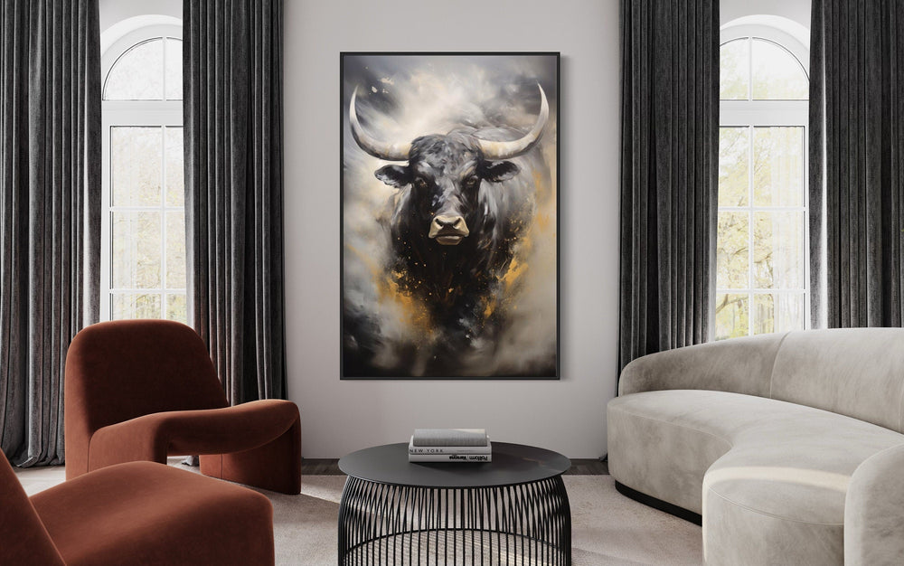 Black Charging Bull Abstract Framed Canvas Wall Art