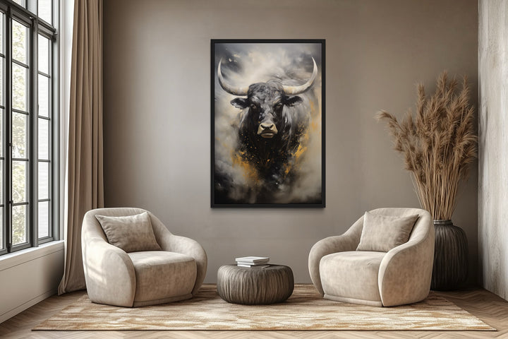 Black Charging Bull Abstract Framed Canvas Wall Art
