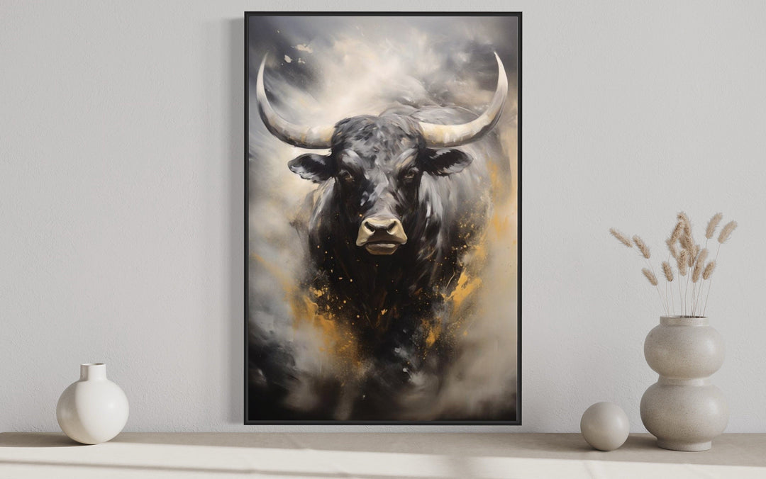 Black Charging Bull Abstract Framed Canvas Wall Art