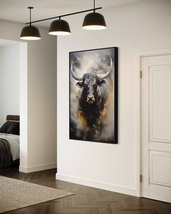 Black Charging Bull Abstract Framed Canvas Wall Art