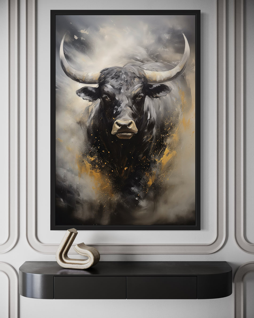 Black Charging Bull Abstract Framed Canvas Wall Art