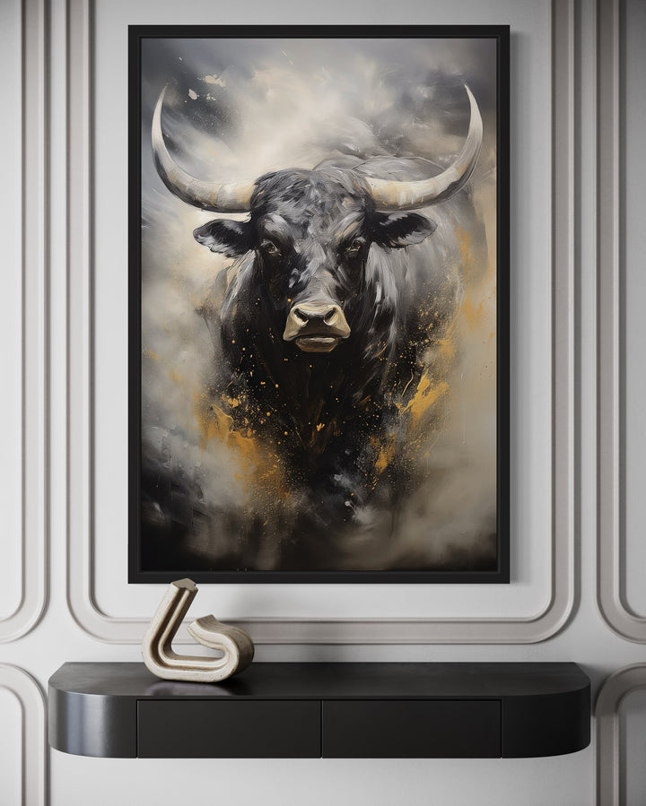 Black Charging Bull Abstract Framed Canvas Wall Art