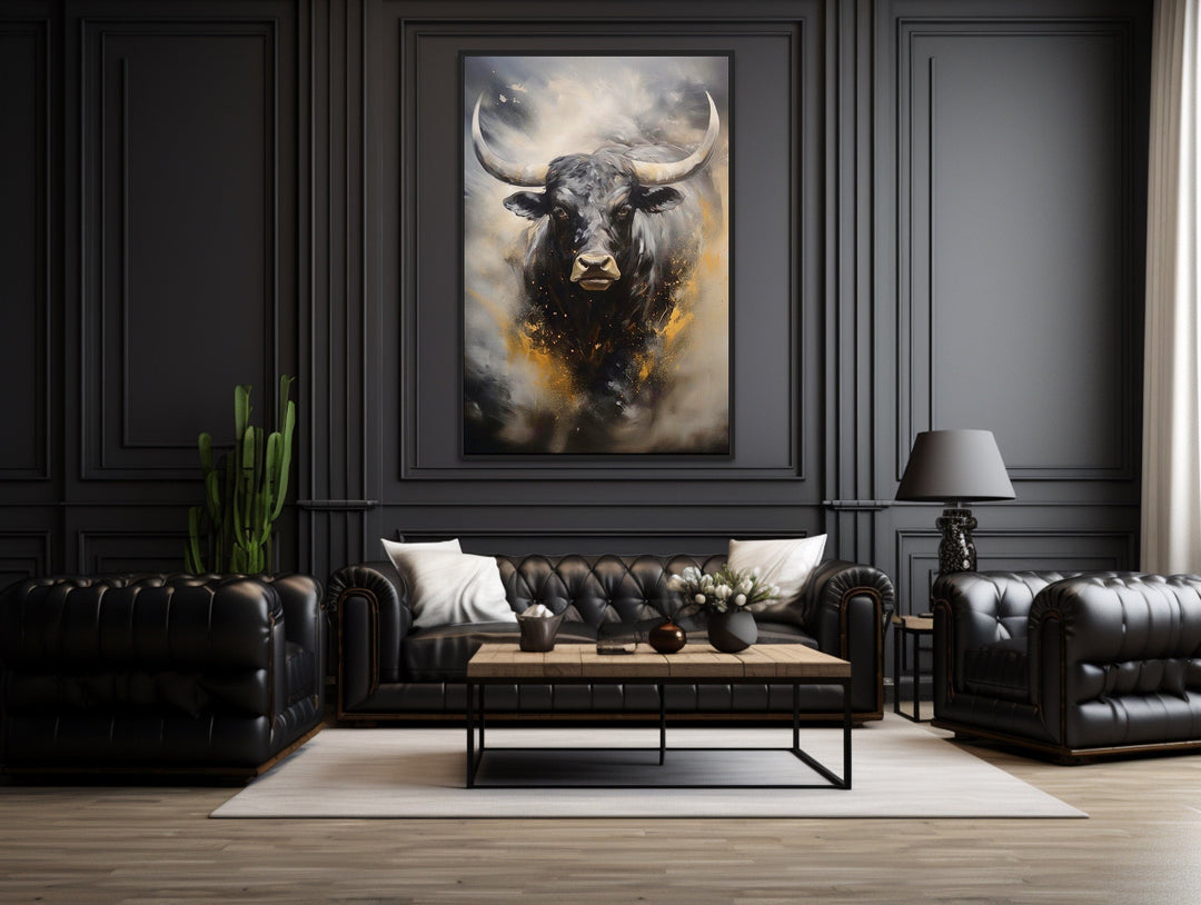 Black Charging Bull Abstract Framed Canvas Wall Art