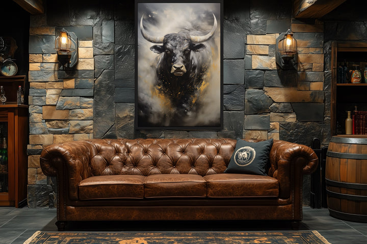 Black Charging Bull Abstract Framed Canvas Wall Art
