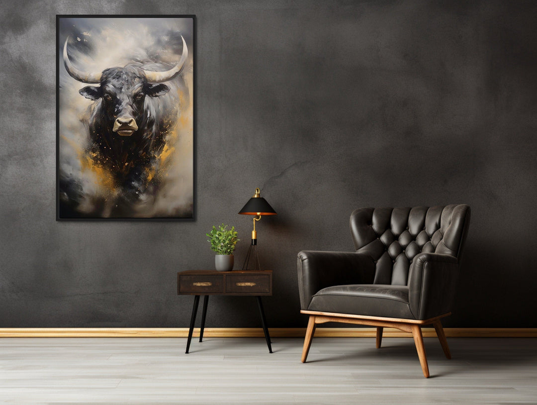 Black Charging Bull Abstract Framed Canvas Wall Art