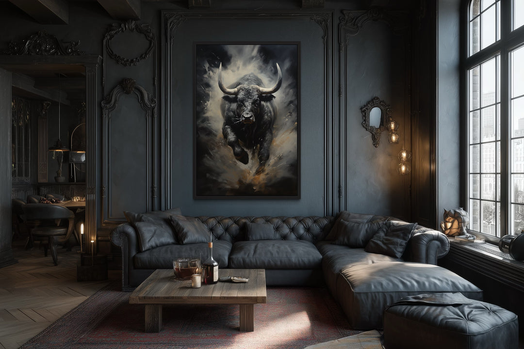 Black Charging Bull Abstract Framed Canvas Wall Art