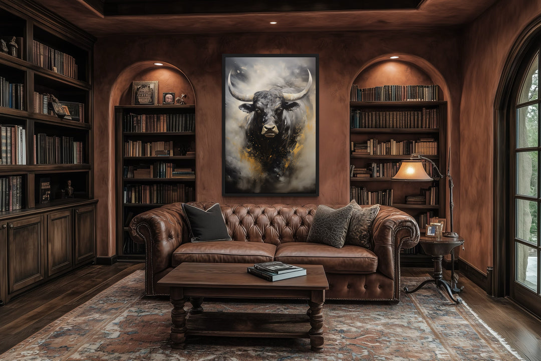 Black Charging Bull Abstract Framed Canvas Wall Art