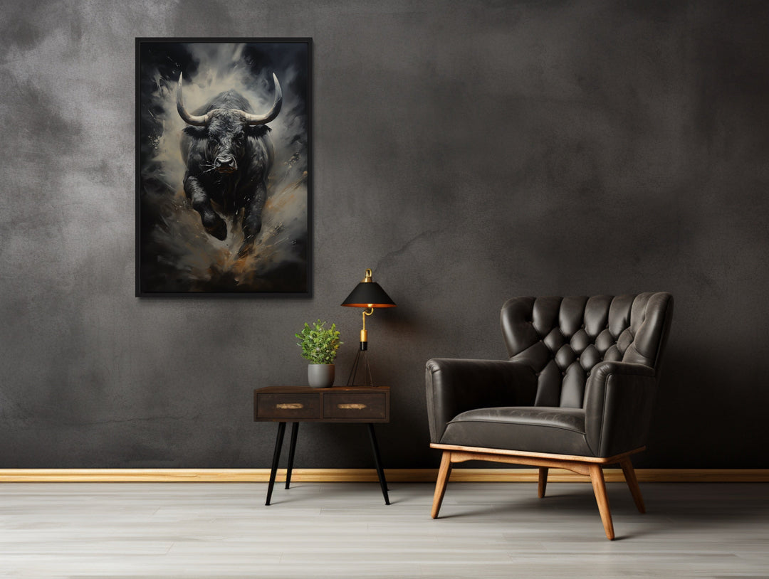 Black Charging Bull Abstract Framed Canvas Wall Art