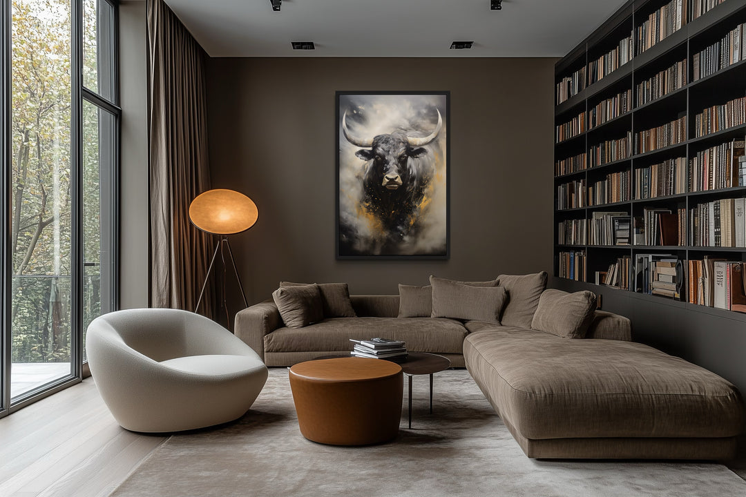 Black Charging Bull Abstract Framed Canvas Wall Art