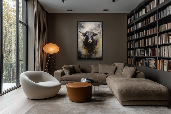 Black Charging Bull Abstract Framed Canvas Wall Art