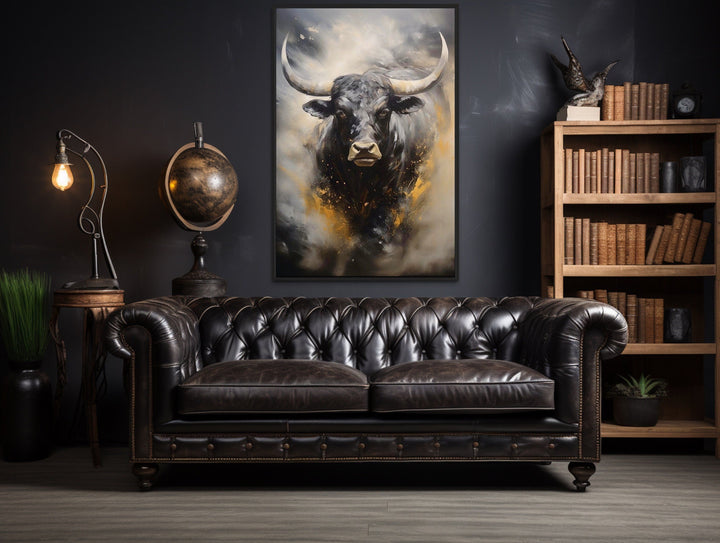 Black Charging Bull Abstract Framed Canvas Wall Art