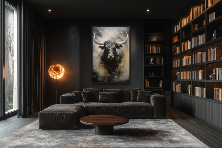 Black Charging Bull Abstract Framed Canvas Wall Art
