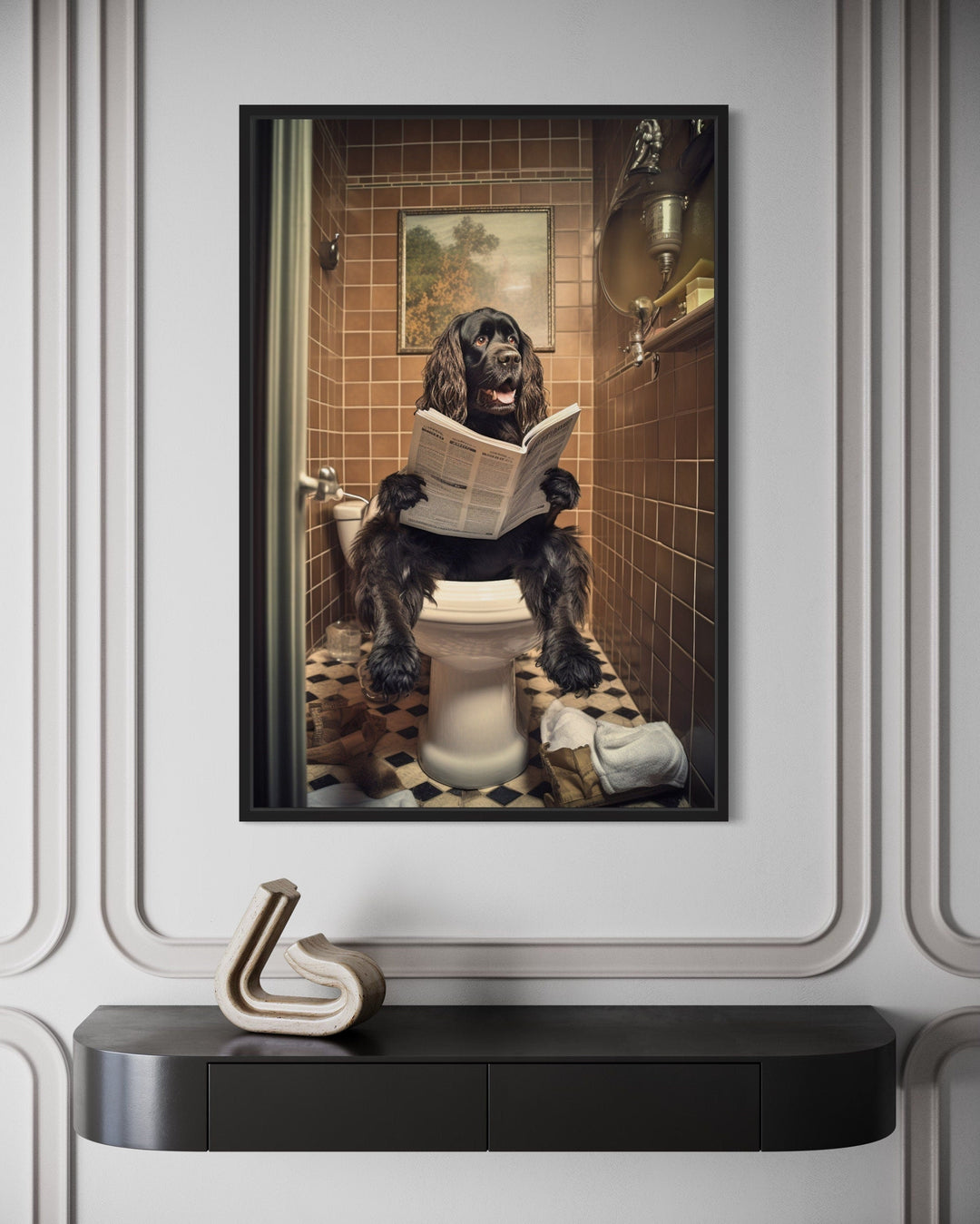 Black Cocker Spaniel Dog On The Toilet Reading Newspaper Picture