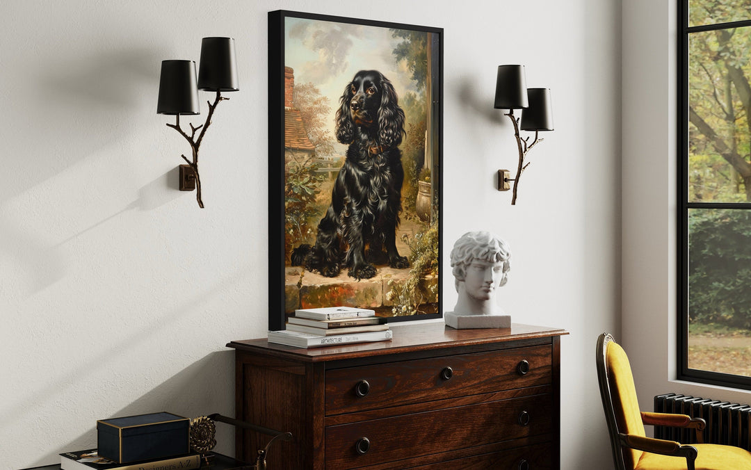 Black Cocker Spaniel Vintage Painting Framed Canvas Wall Art