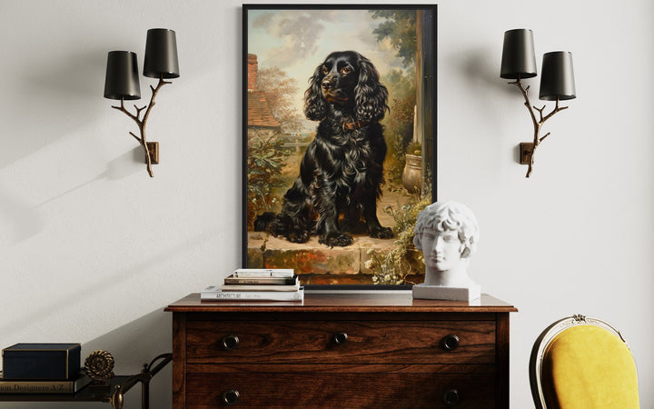 Black Cocker Spaniel Vintage Painting Framed Canvas Wall Art