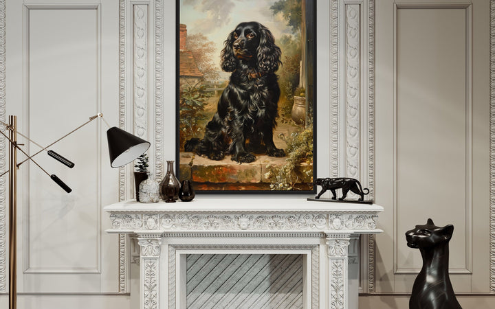 Black Cocker Spaniel Vintage Painting Framed Canvas Wall Art