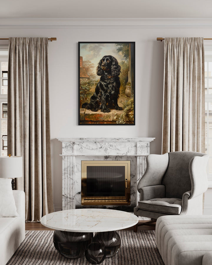 Black Cocker Spaniel Vintage Painting Framed Canvas Wall Art