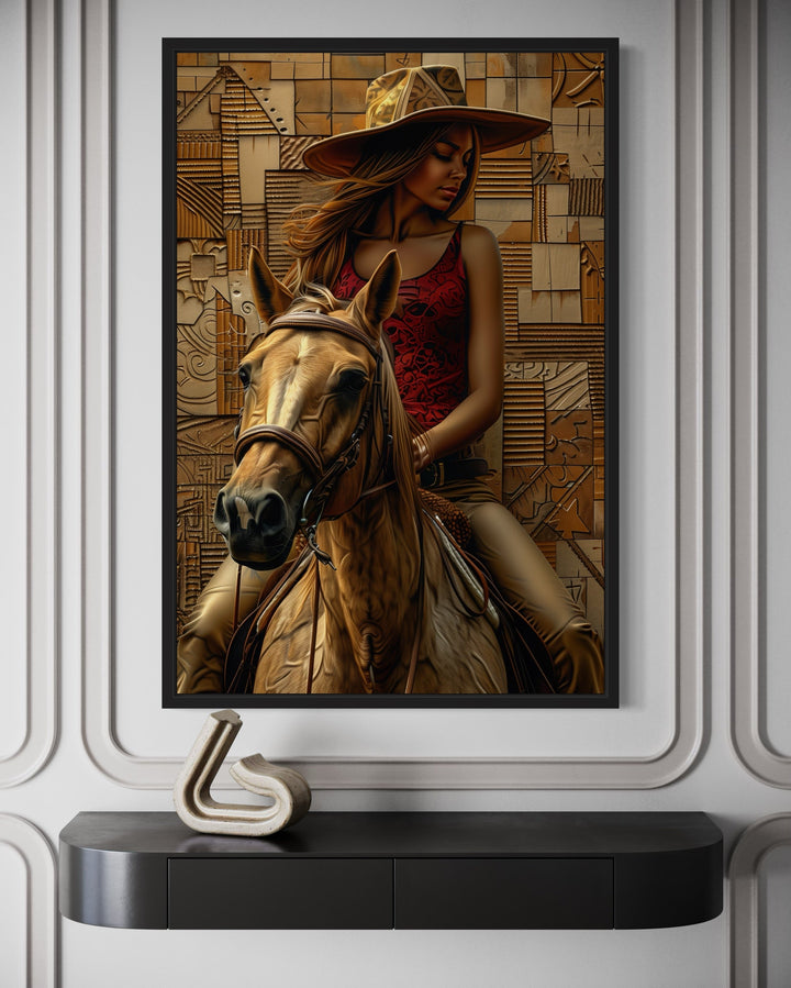 Black Cowgirl on Horse Framed Canvas Wall Art