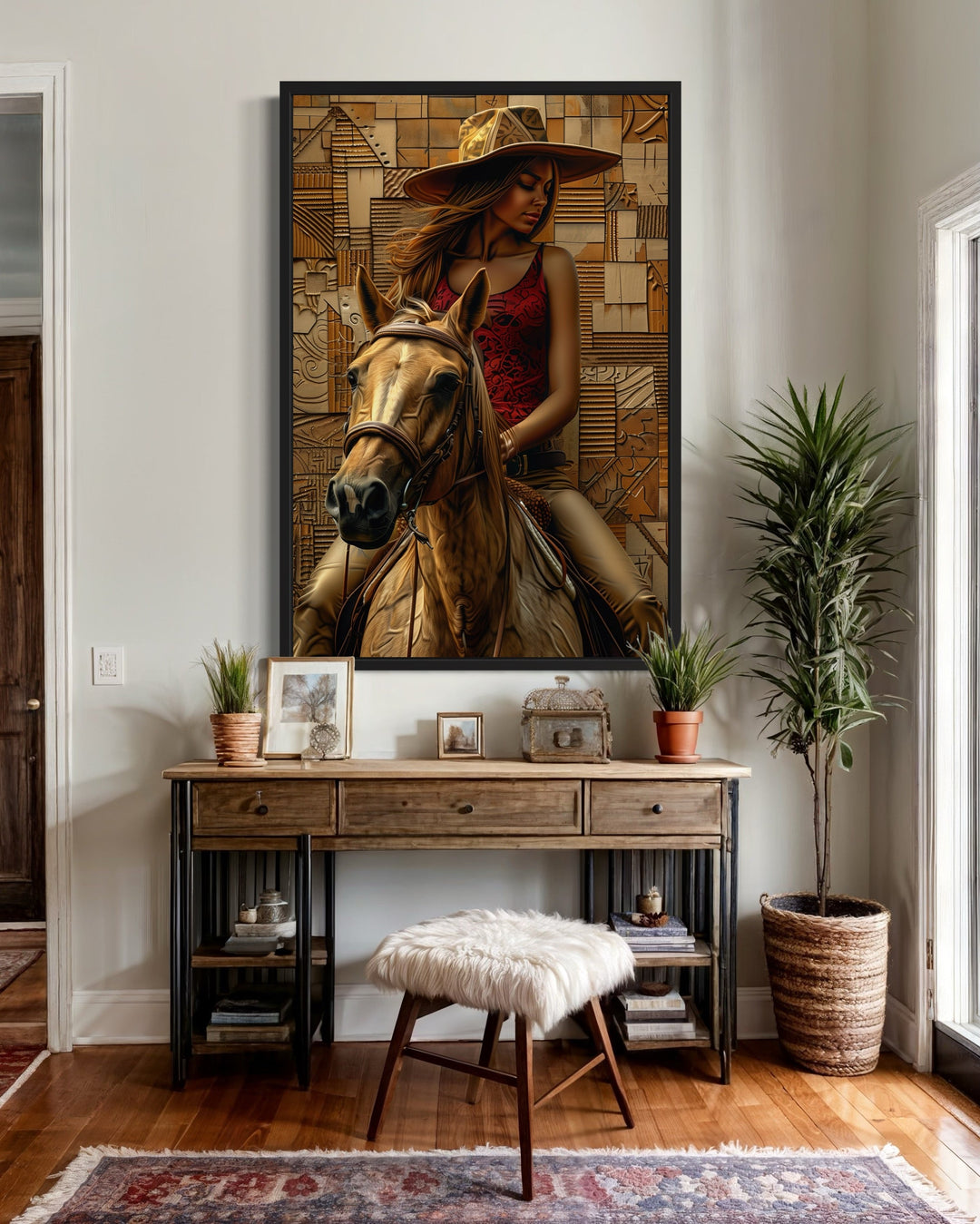 Black Cowgirl on Horse Framed Canvas Wall Art