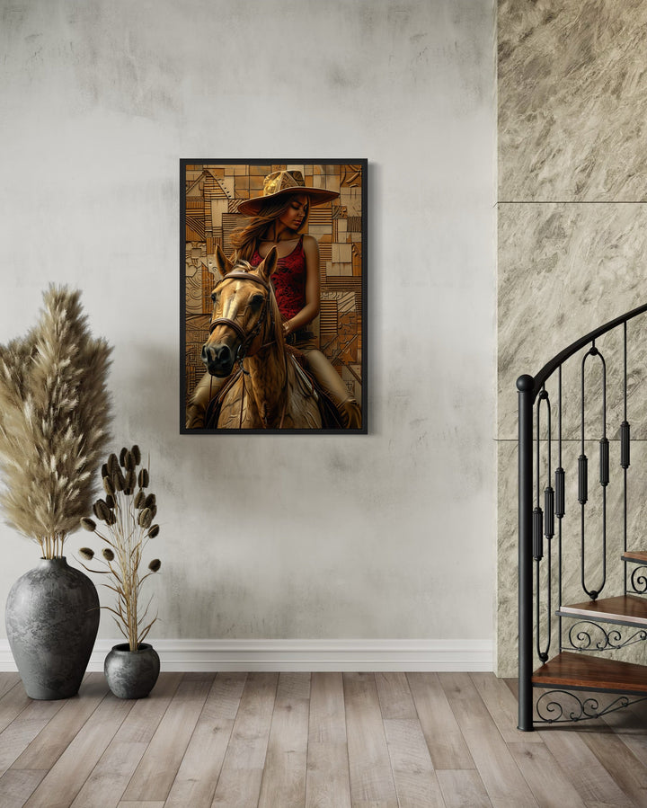 Black Cowgirl on Horse Framed Canvas Wall Art