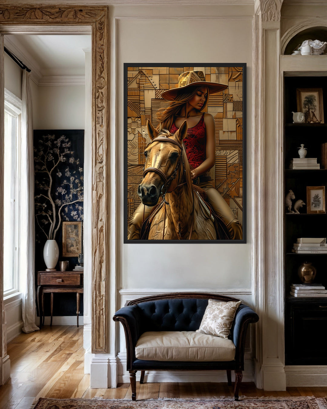 Black Cowgirl on Horse Framed Canvas Wall Art