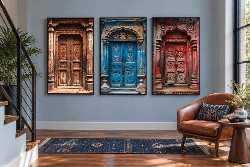 Set of three framed canvas prints featuring colorful, intricately carved traditional Indian doors.