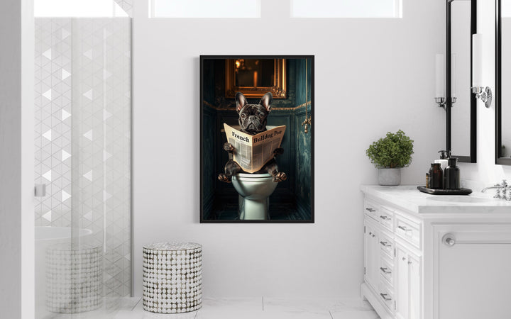 Black French Bulldog On The Toilet Reading Newspaper Picture