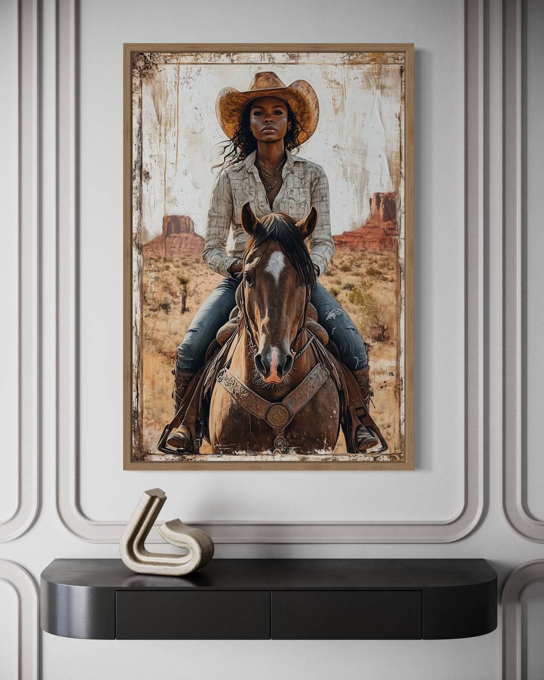 Black Girl Riding A Horse Framed Canvas Wall Art