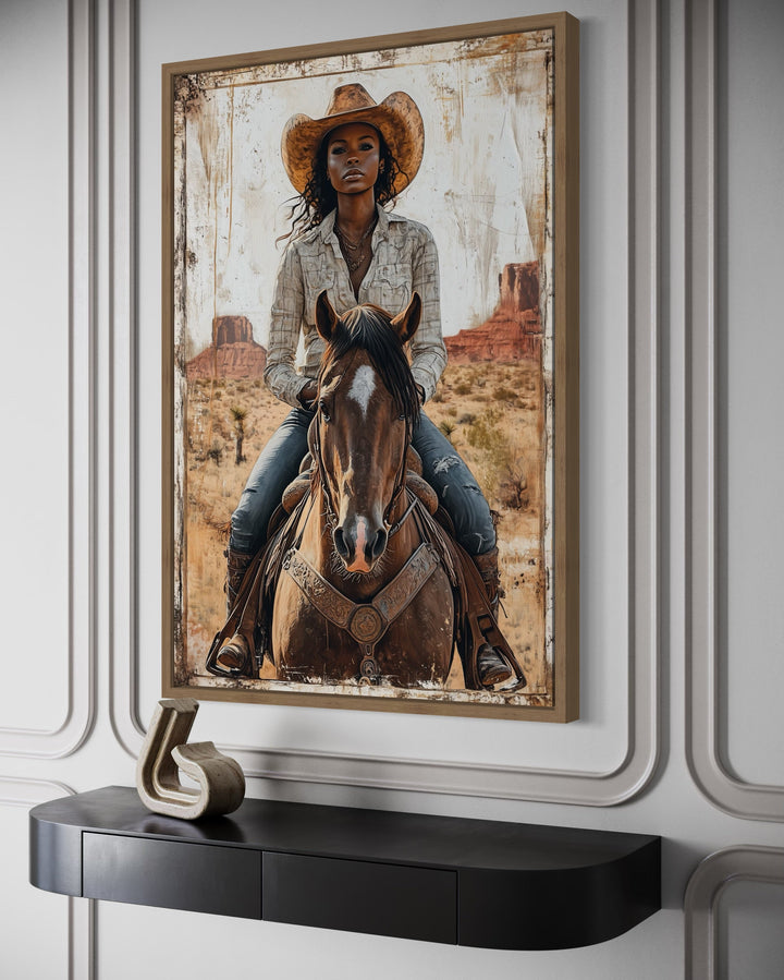 Black Girl Riding A Horse Framed Canvas Wall Art