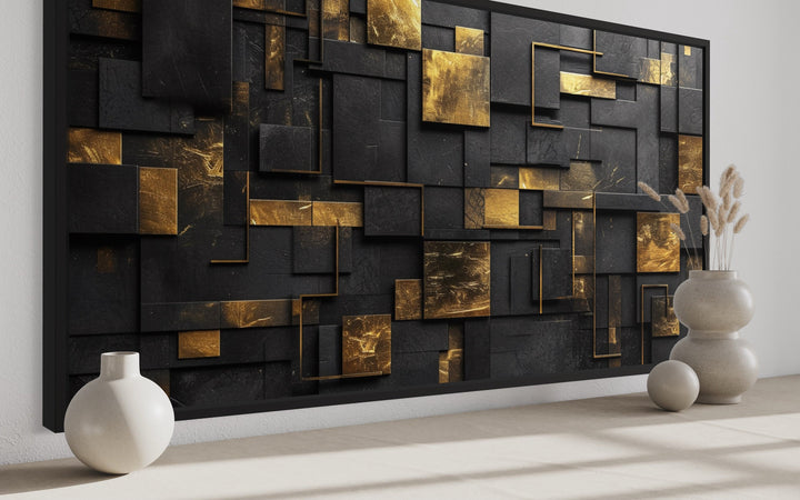 Black Gold Abstract Geometric Framed Canvas Wall Art