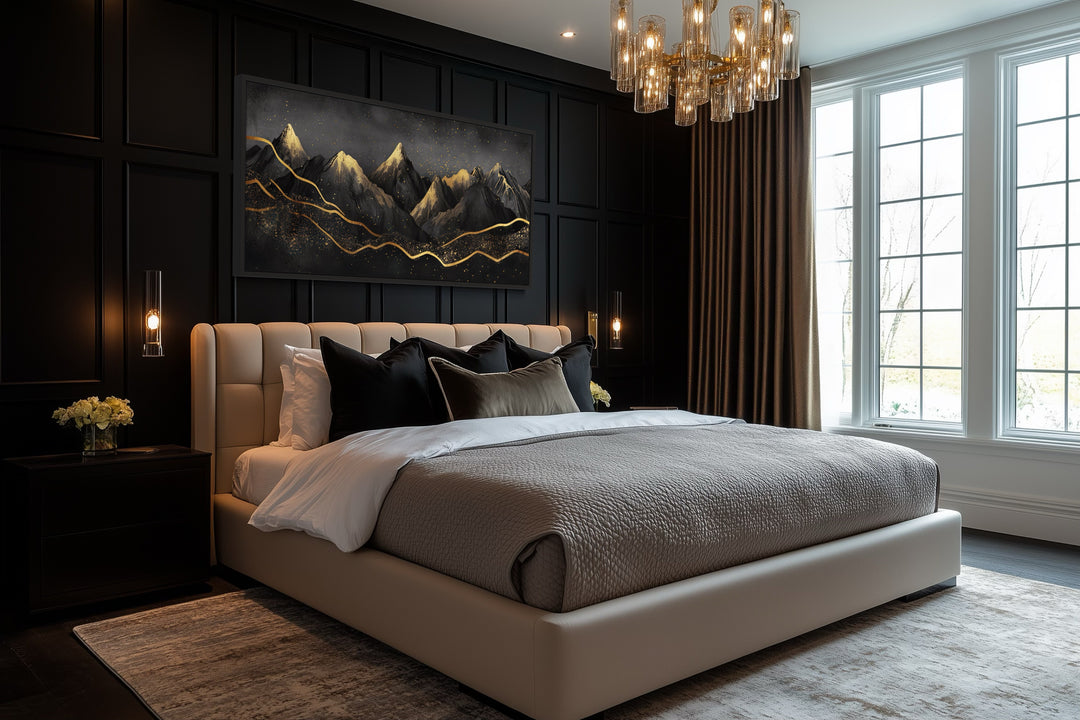 Black Gold Abstract Mountain Framed Canvas Wall Art hanging above a bed in a modern bedroom.
