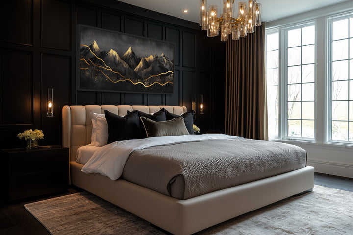 Black Gold Abstract Mountain Framed Canvas Wall Art hanging above a bed in a modern bedroom.