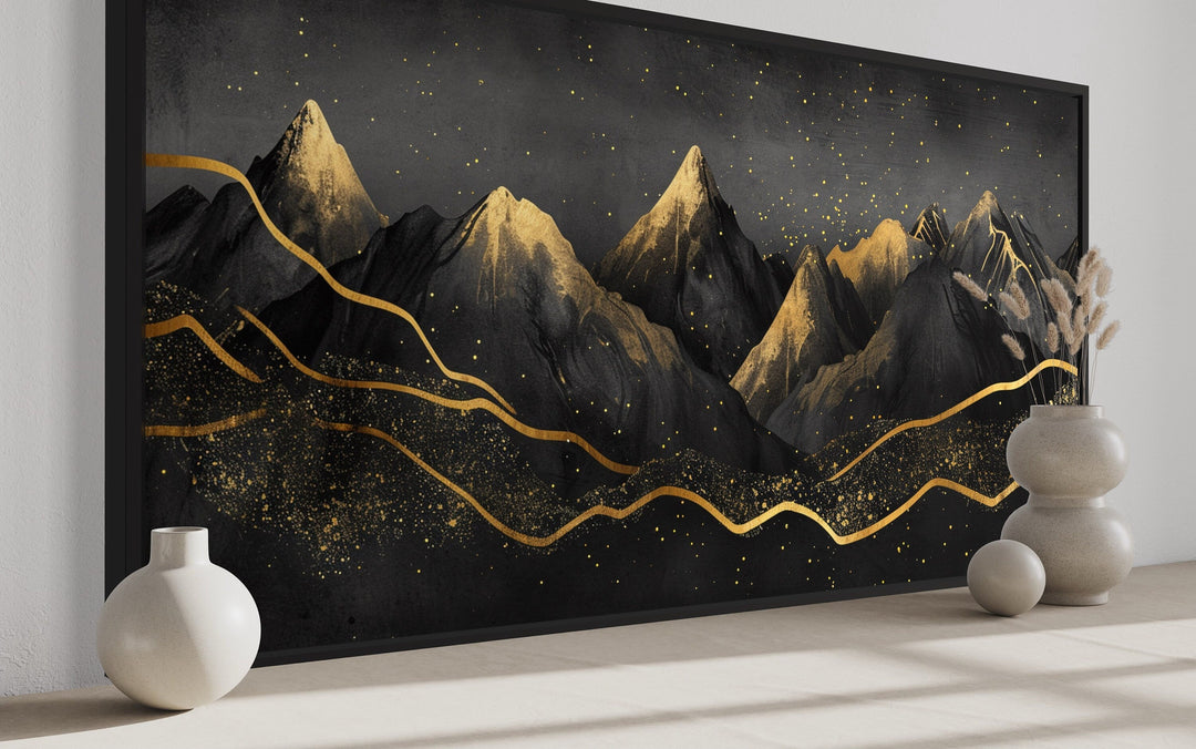 Black Gold Abstract Mountain Framed Canvas Wall Art