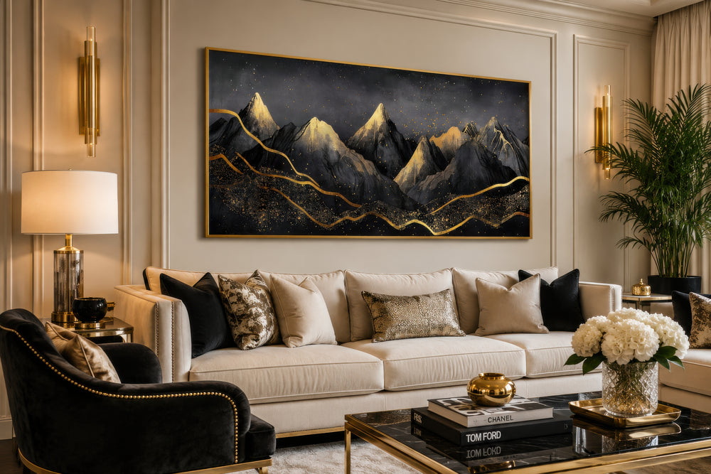 Black gold abstract mountain framed canvas wall art hanging above a beige sofa in a living room.