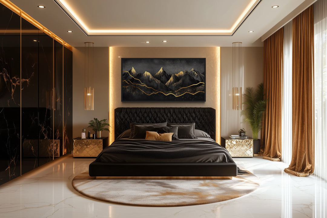 Black Gold Abstract Mountain Framed Canvas Wall Art hanging above a bed in a modern bedroom.