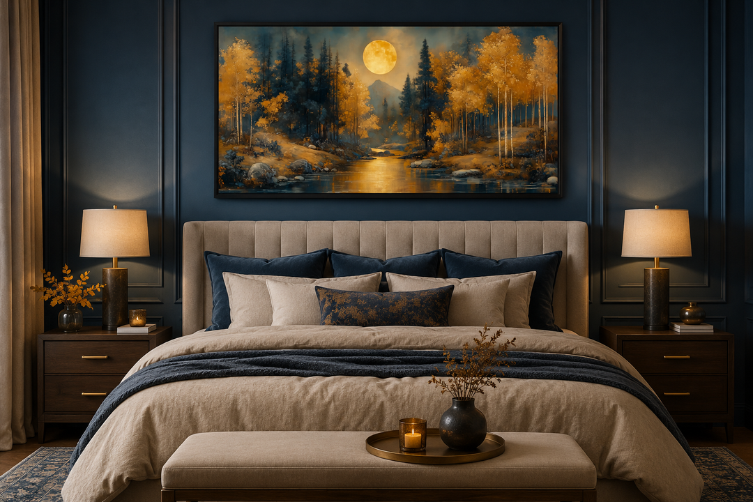 Black gold art nouveau trees forest and moon landscape framed canvas wall art above a bed.