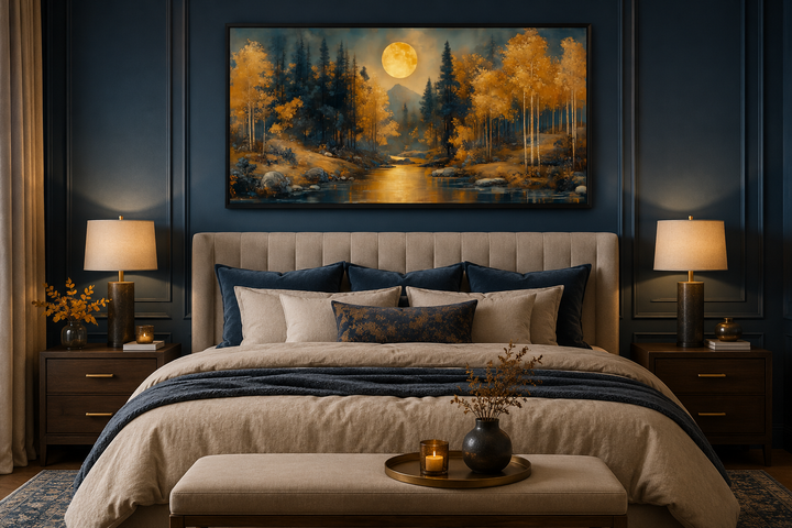 Black gold art nouveau trees forest and moon landscape framed canvas wall art above a bed.