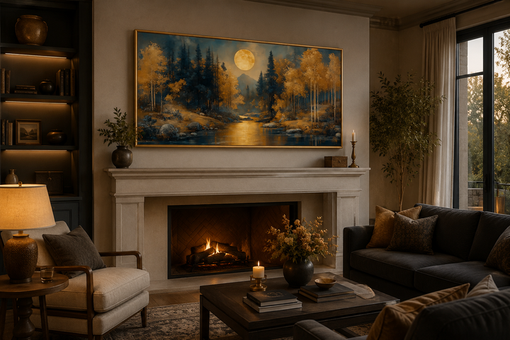 Art Nouveau moonlit forest landscape framed canvas wall art above a fireplace in a cozy room.