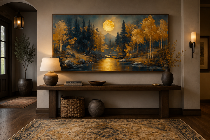 Art Nouveau forest landscape framed canvas with golden trees and a full moon over a river.