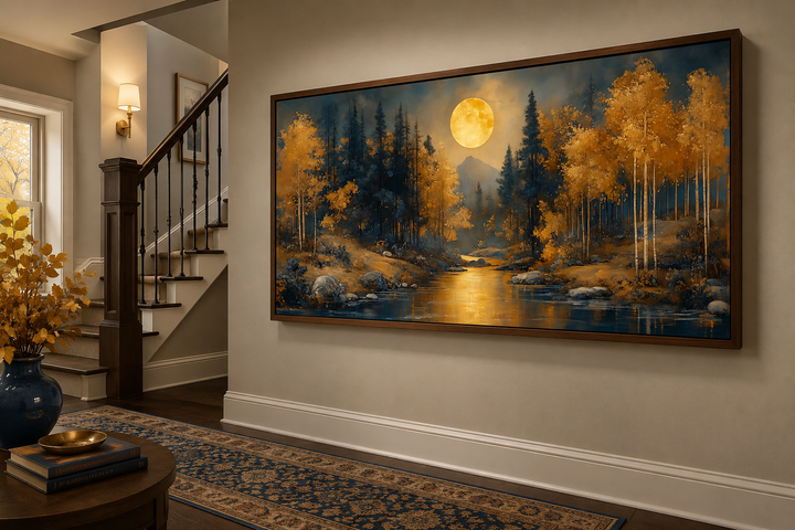 Framed canvas wall art of a moonlit forest with golden trees and a river in an art nouveau style.