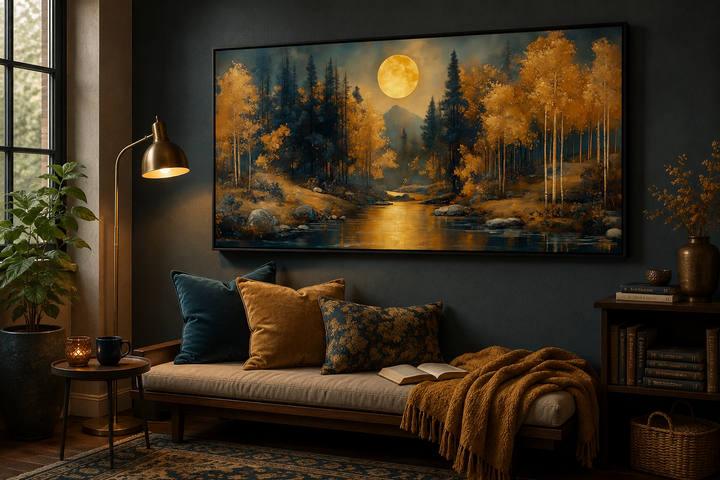 Framed canvas wall art of an Art Nouveau forest landscape with a full moon over a river.